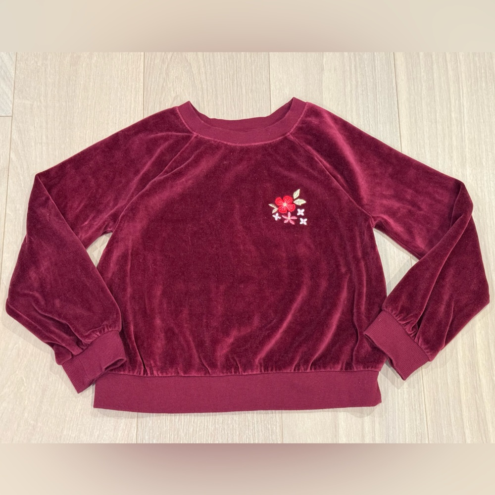 Cat & Jack Burgundy Velour Sweatshirt with Floral Embroidery- Girls Medium (8)